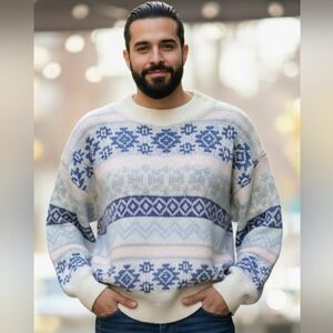 Vtg 80s East 62 blue white pink stripe abstract aztec design crop sweater M-XL